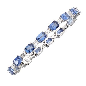 18K Emerald Cut Blue Sapphire Diamond Bracelet
